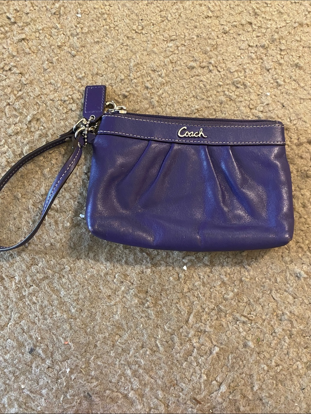 Coach Purple Leather Wristlet with Pleated Front and Strap and Hangtag